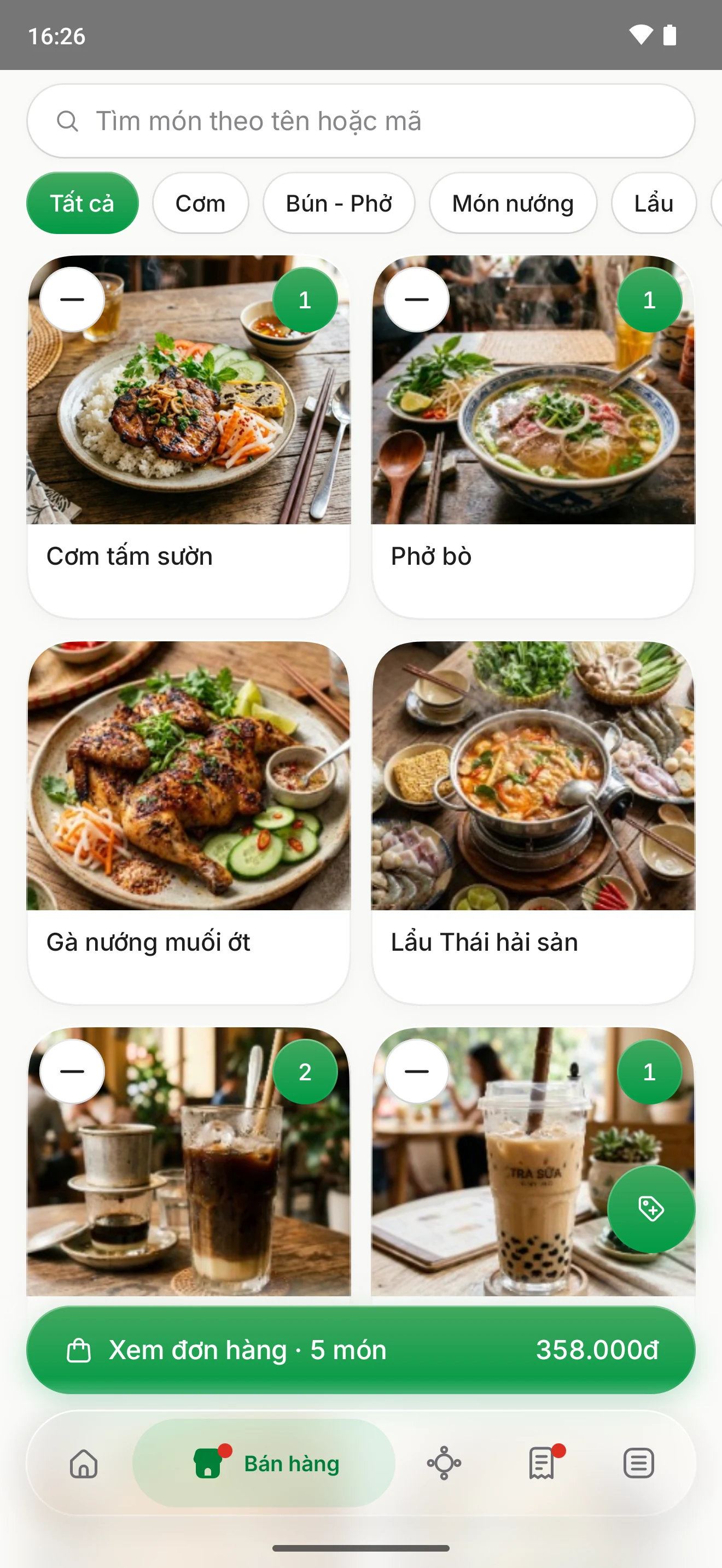 Màn bán hàng trên điện thoại: món có ảnh, số lượng đã chọn, thanh Xem đơn hàng 5 món 358.000đ.