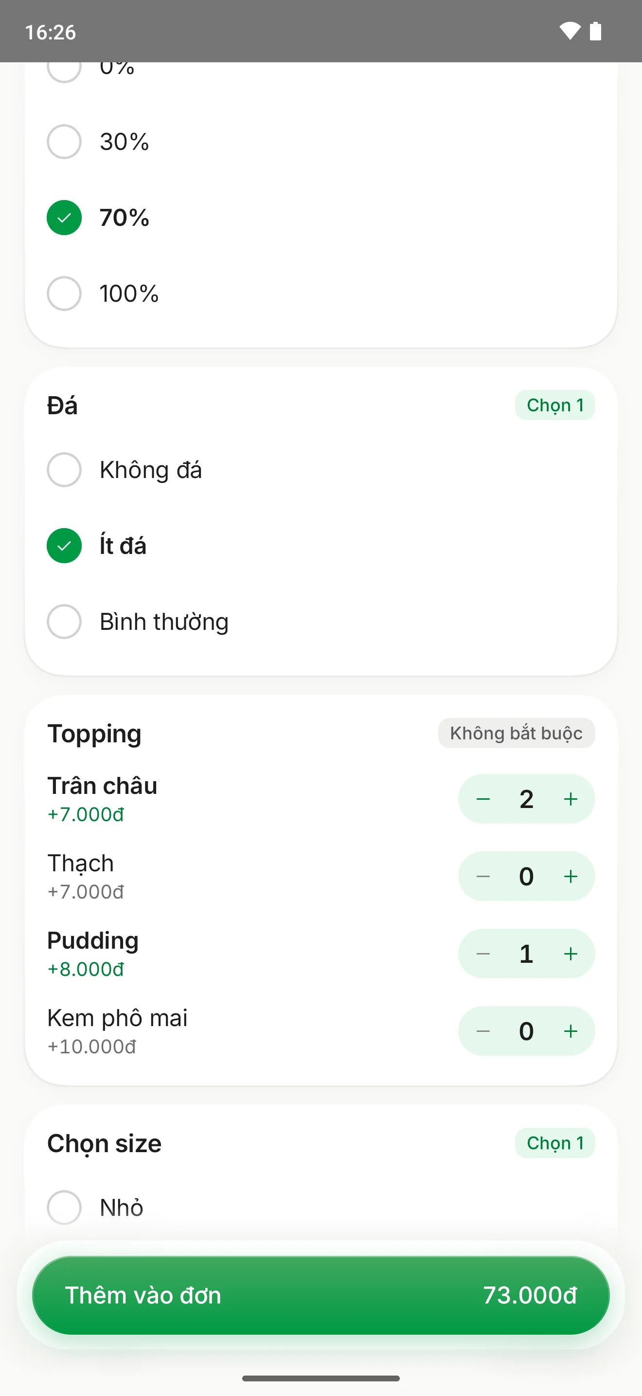 Chọn đá, topping có số lượng và size cho Trà sữa trân châu trên điện thoại.