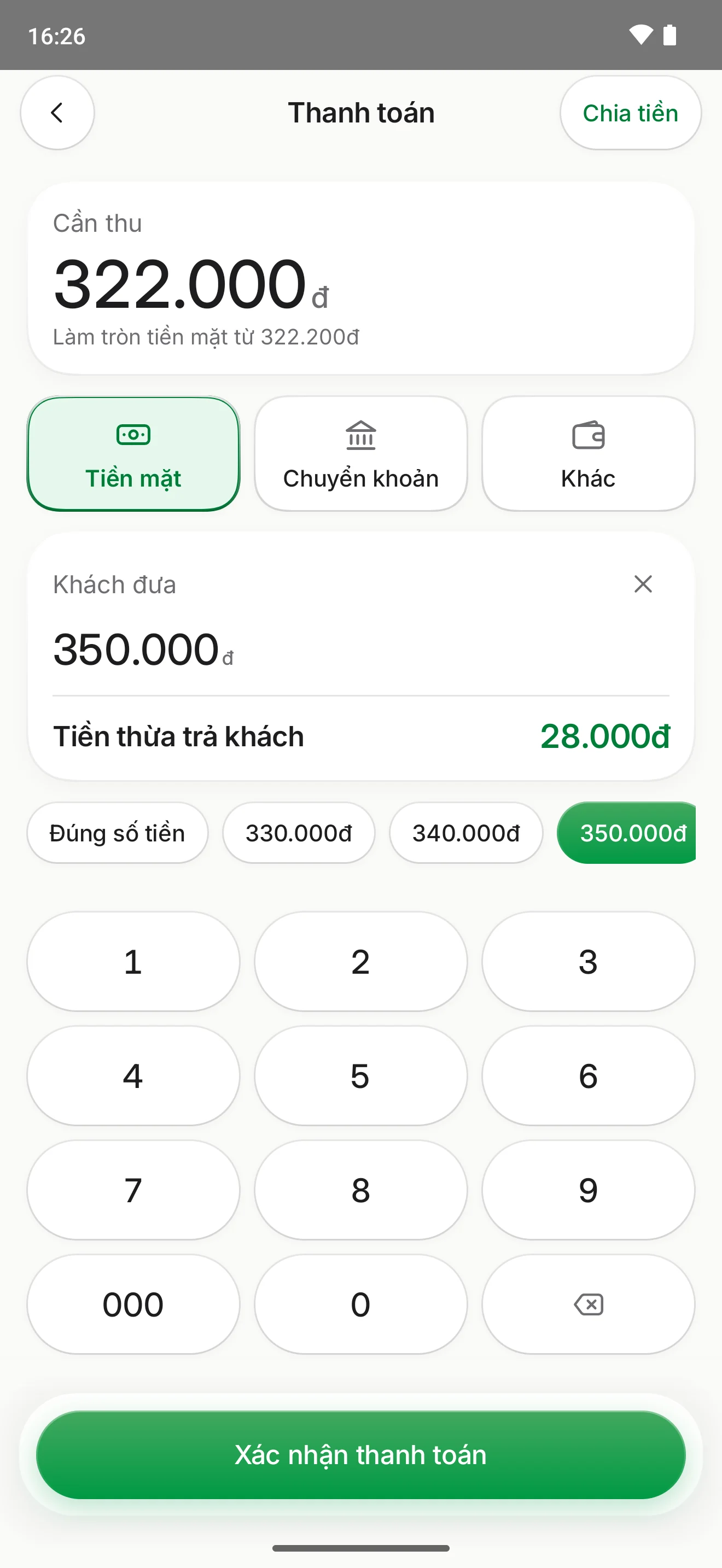 Thu tiền mặt: khách đưa 350.000đ, app tính tiền thừa 28.000đ, có nút số tiền gợi ý.