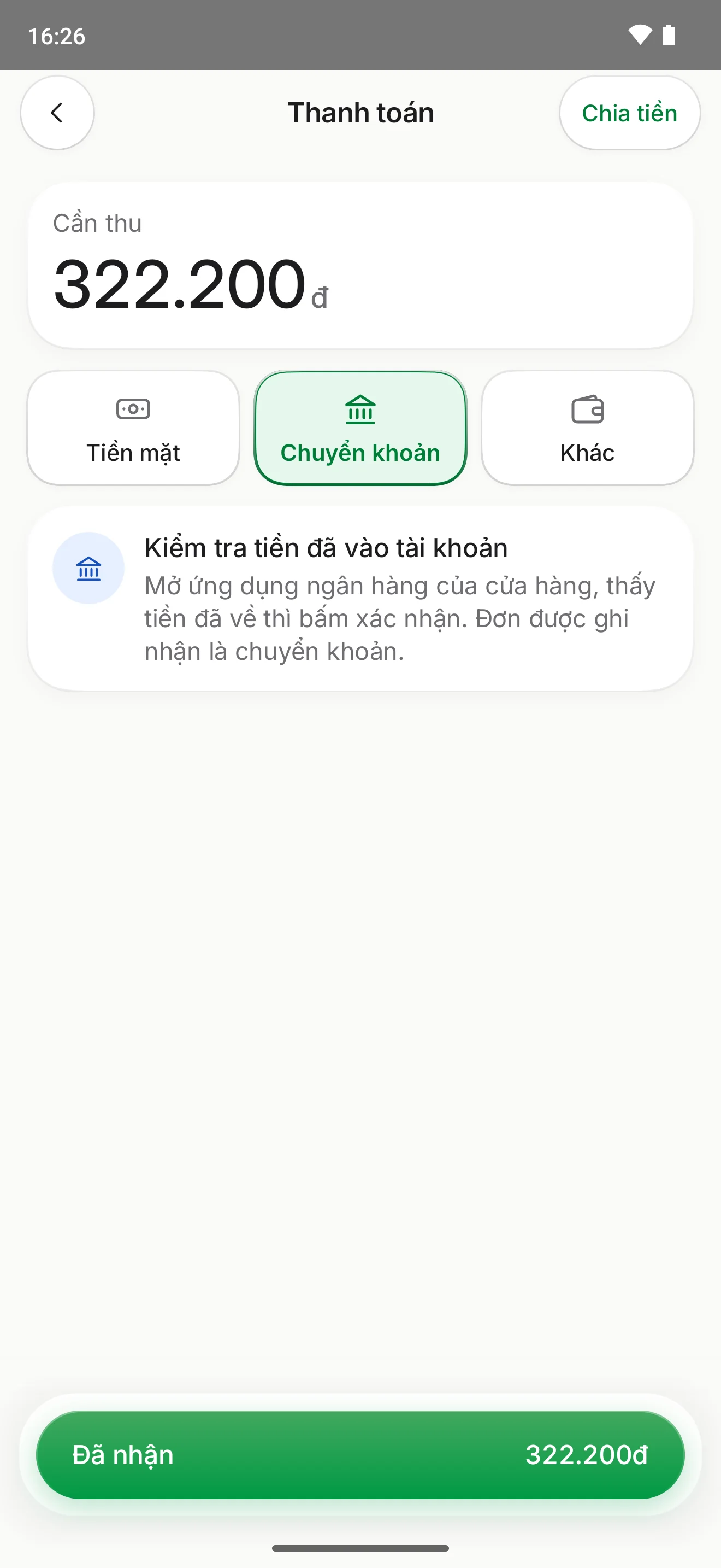 Thu chuyển khoản: kiểm tra tiền đã vào tài khoản rồi bấm Đã nhận.