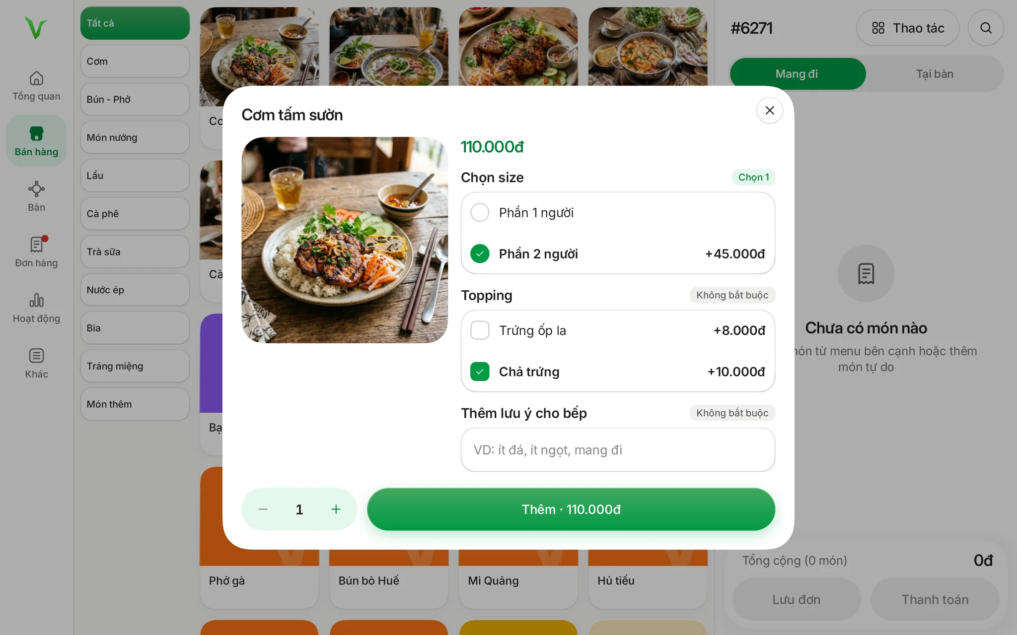 Chọn phần ăn và topping cho món Cơm tấm sườn trên máy tính bảng.