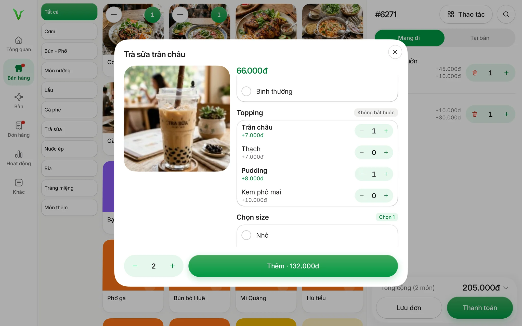 Chọn độ ngọt, đá, topping có số lượng cho Trà sữa trân châu trên máy tính bảng.